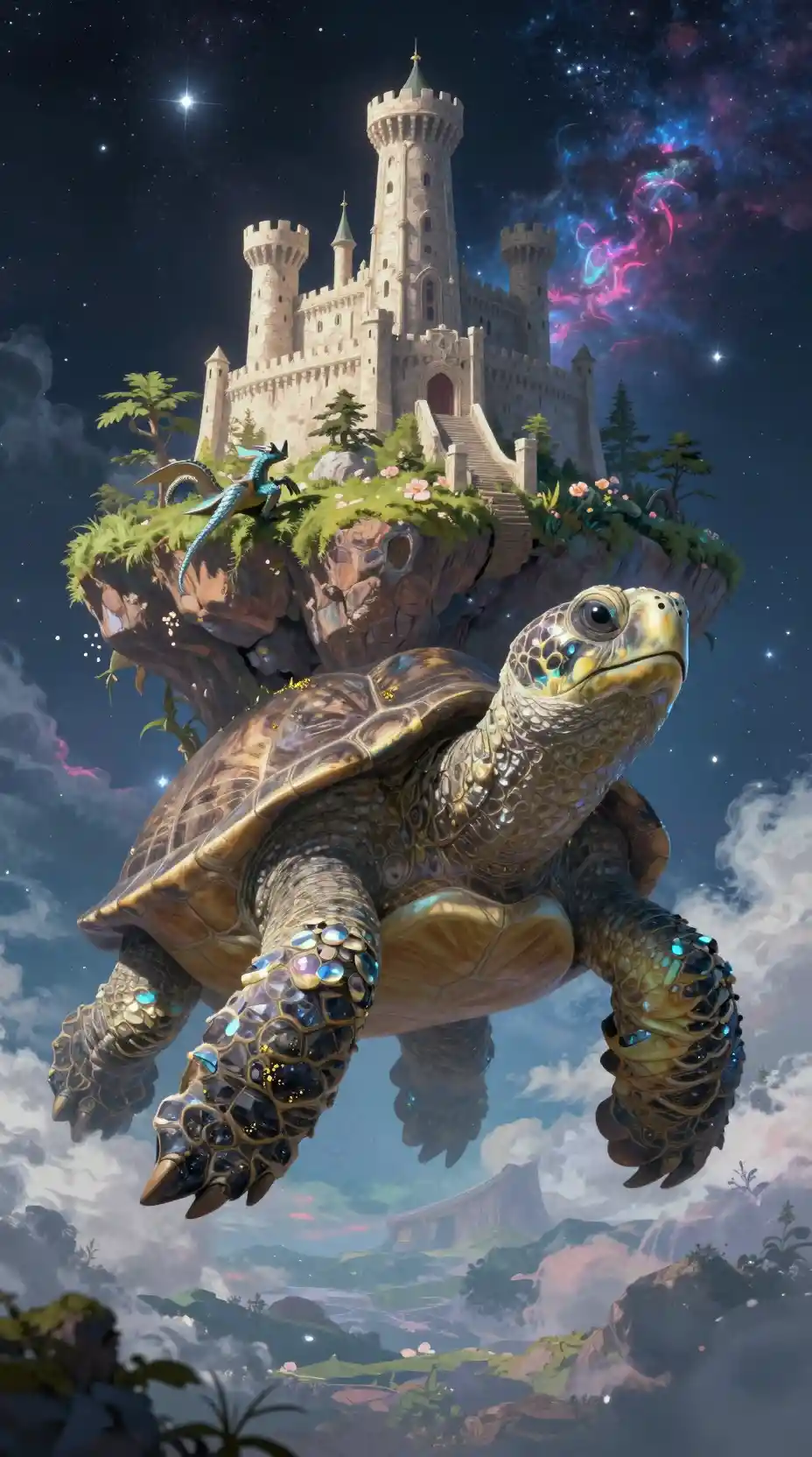 Gigantic Ancient Turtle Carrying A Dreamy Island Fortress