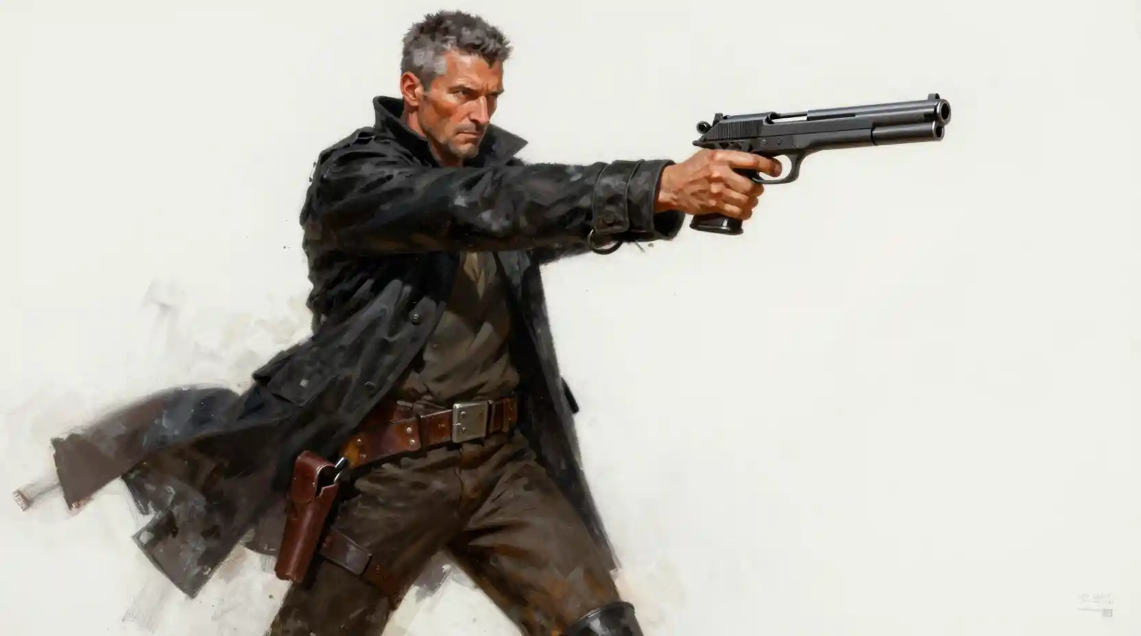 Tough middle aged man aiming a futuristic pistol forward