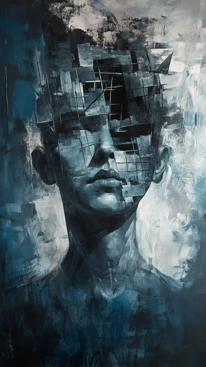 Abstract portrait of a human silhouette crushed within mechanical layers