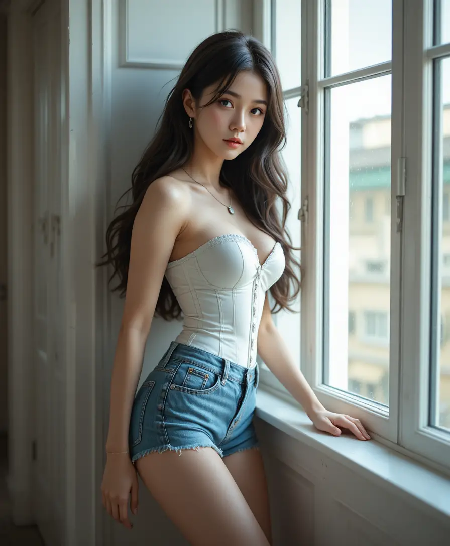 Young woman in white corset by a sunlit window