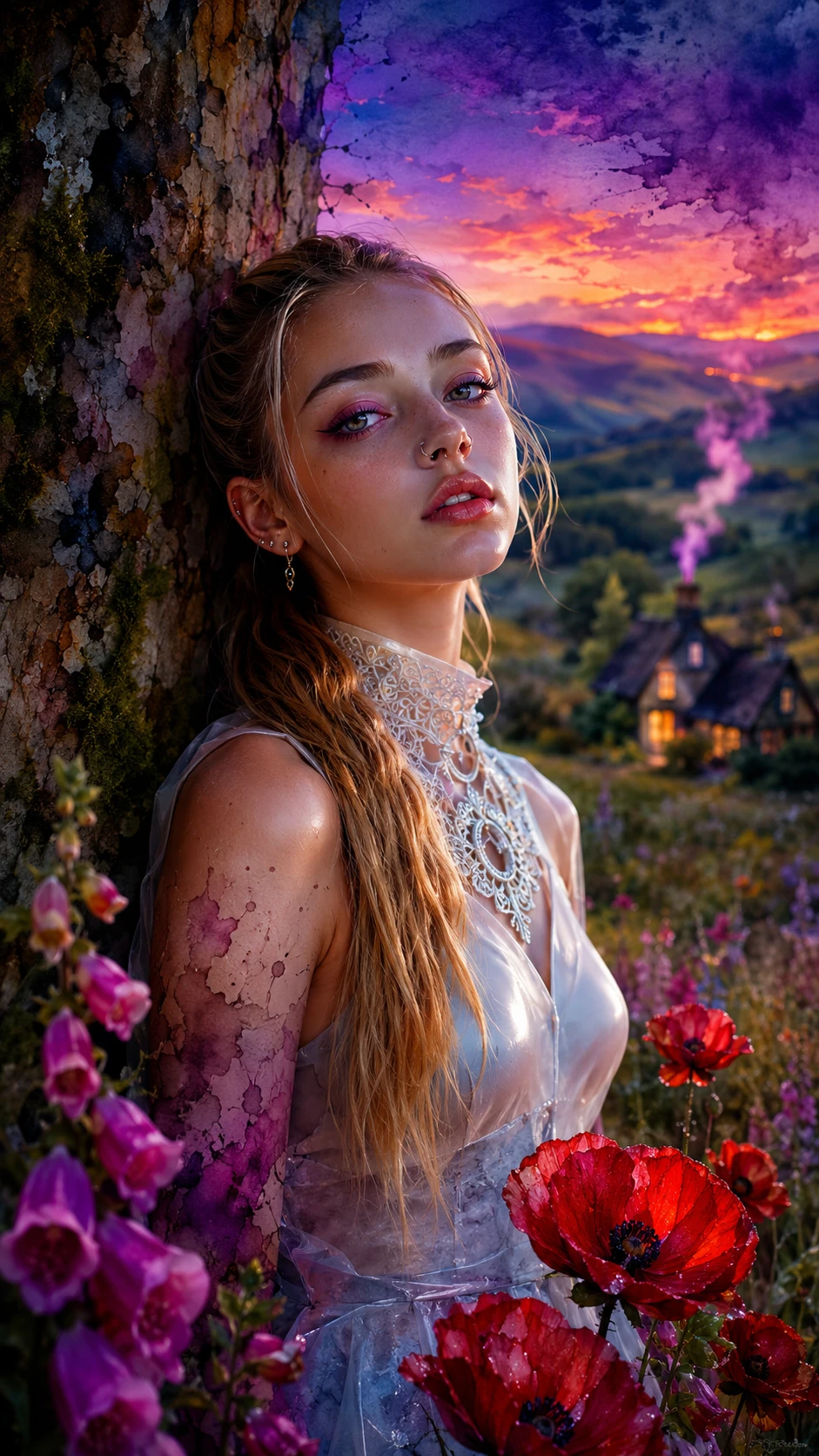 Emo girl by an ancient tree in dreamy countryside