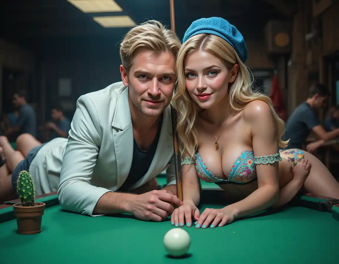 Man playing pool beside a small cactus centerpiece