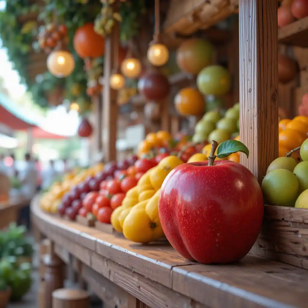 Colorful mango and apple on a wooden market stall