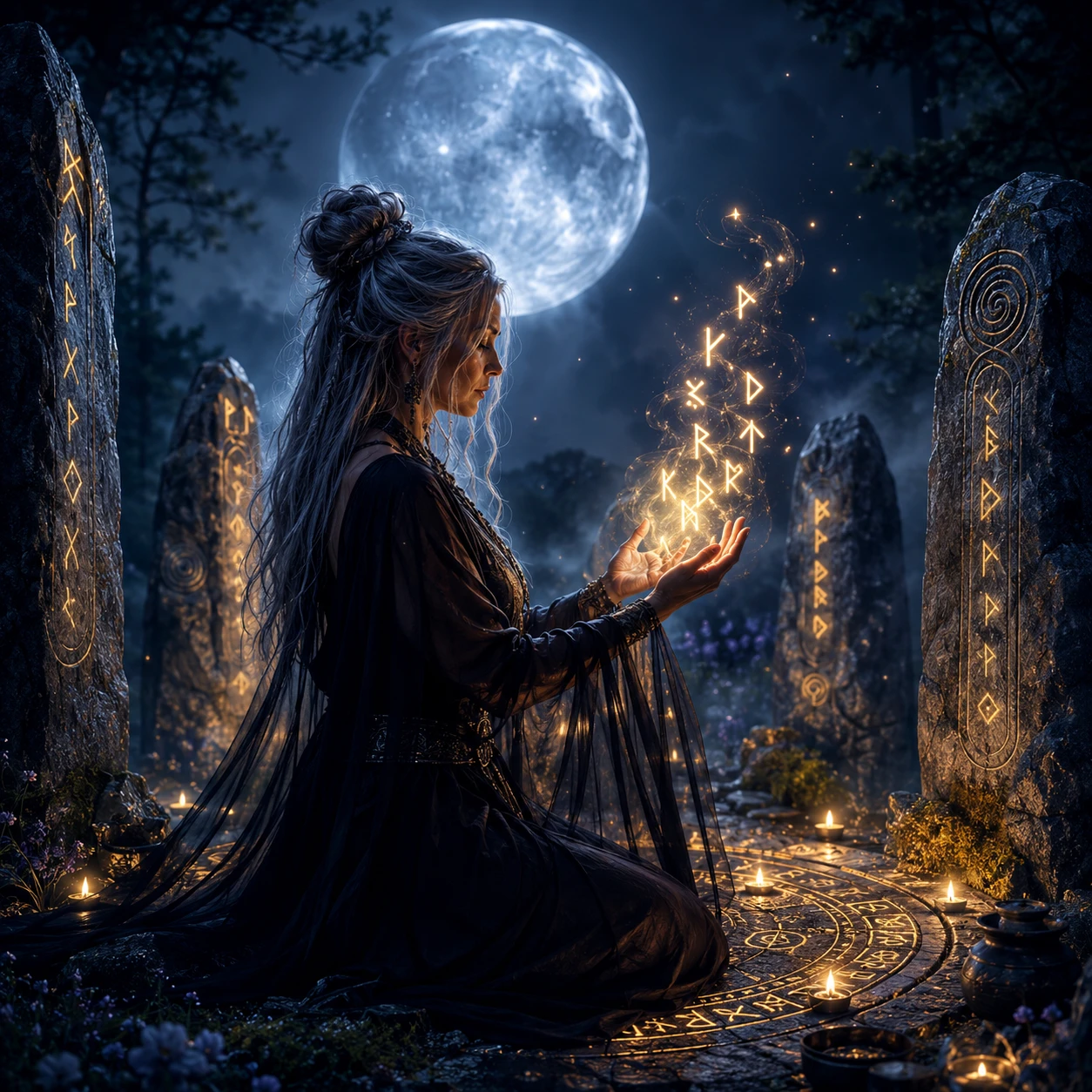 Mystical shaman woman with glowing runes in moonlight