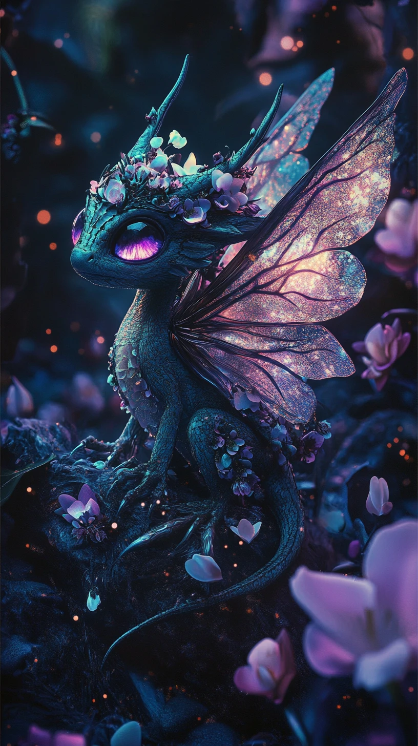 Tiny moth winged dragon in glowing night forest