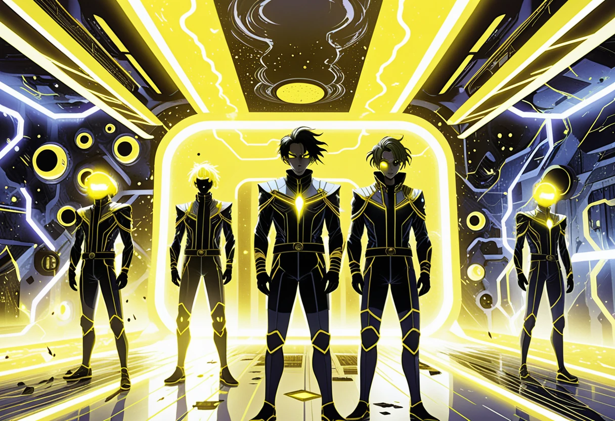 Isekai anime boys in neon lit sci fi facility