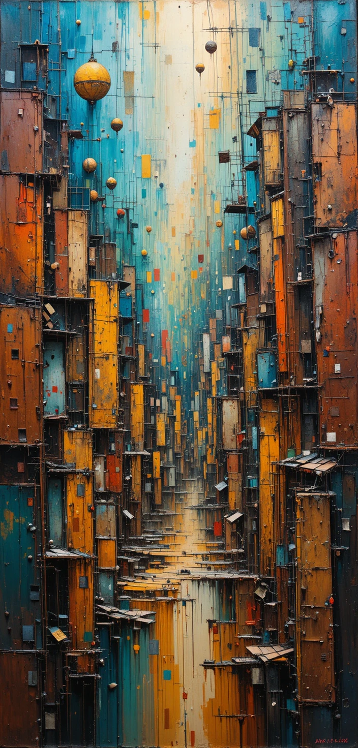 Abstract cityscape painting with chaotic warm earthy colors