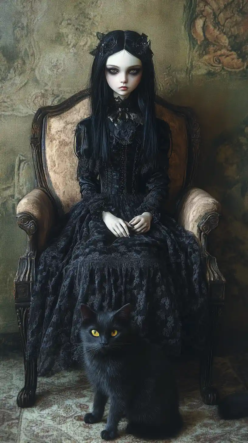 Gothic doll like girl seated with a graceful cat