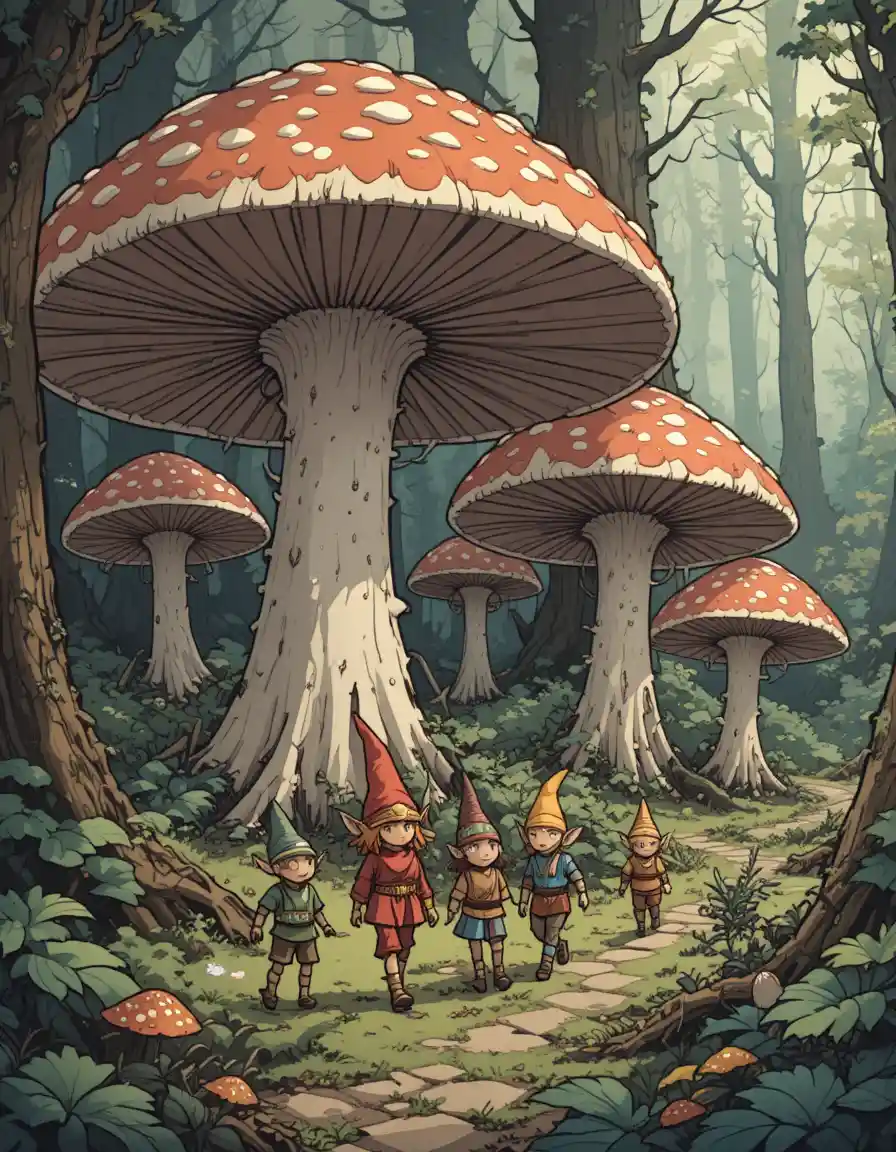 Elves Walking Through A Giant Mushroom Fantasy Forest Comic