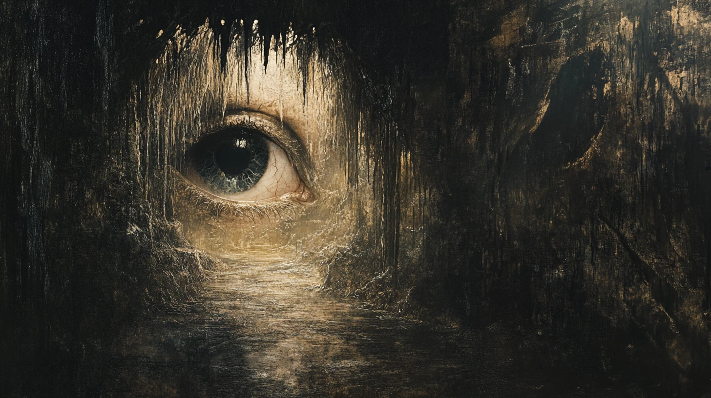Hidden eye in dim organic interior with layered textures