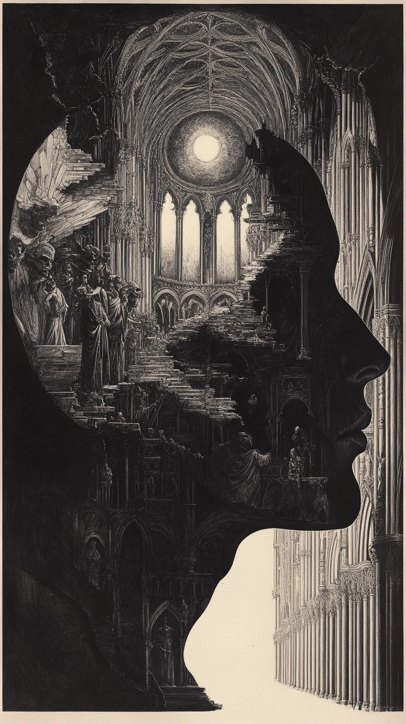 Surreal cathedral carved into a human side profile head