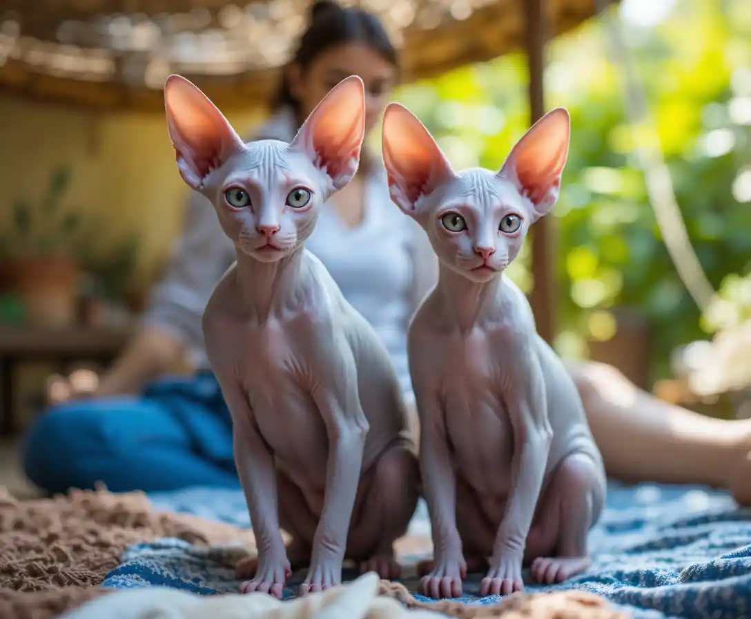 Two sphynx cats sitting on a sunlit outdoor blanket