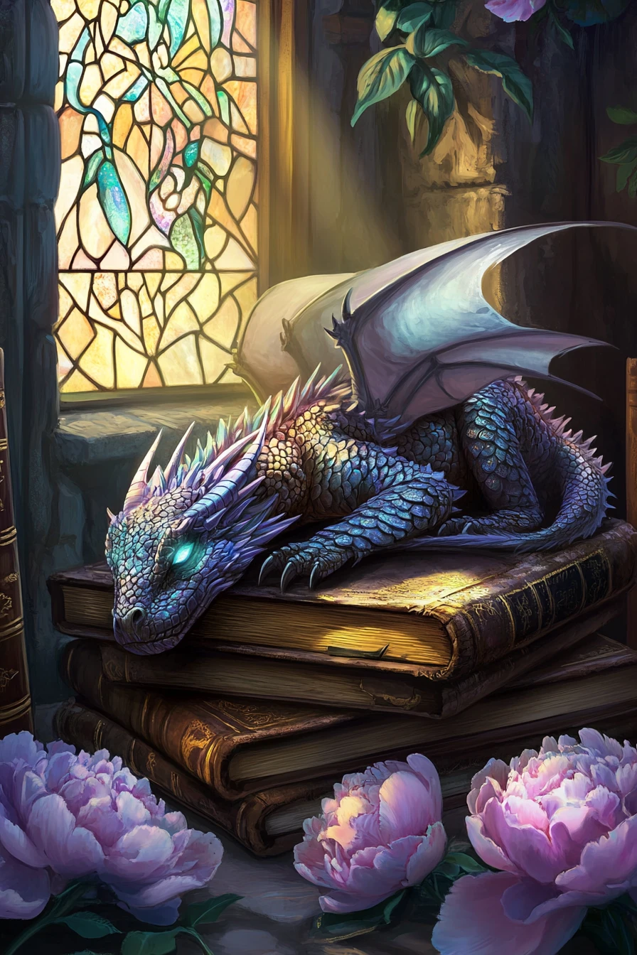 Sleeping lavender dragon resting among old library books