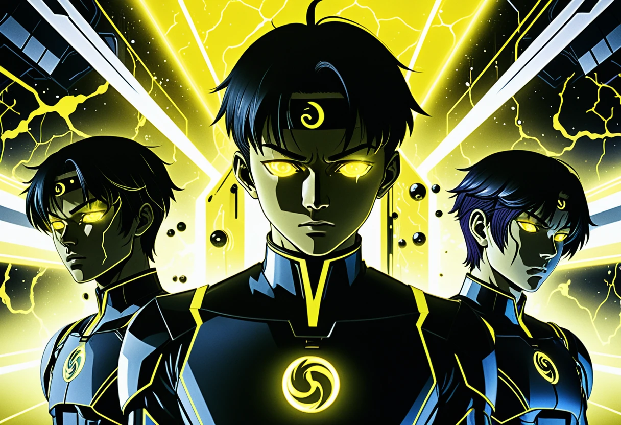 Isekai anime boys in a neon sci fi facility