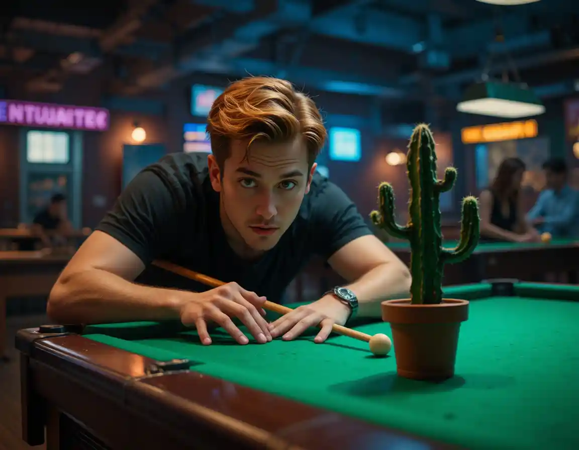 Man playing pool beside cactus in moody billiards hall