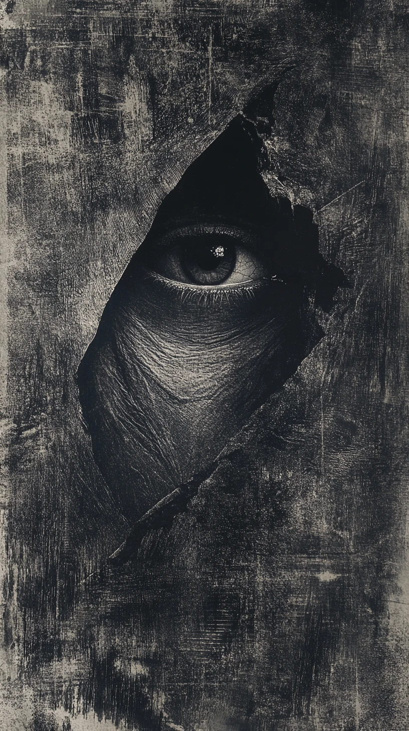 Dark organic textures conceal a single watchful eye
