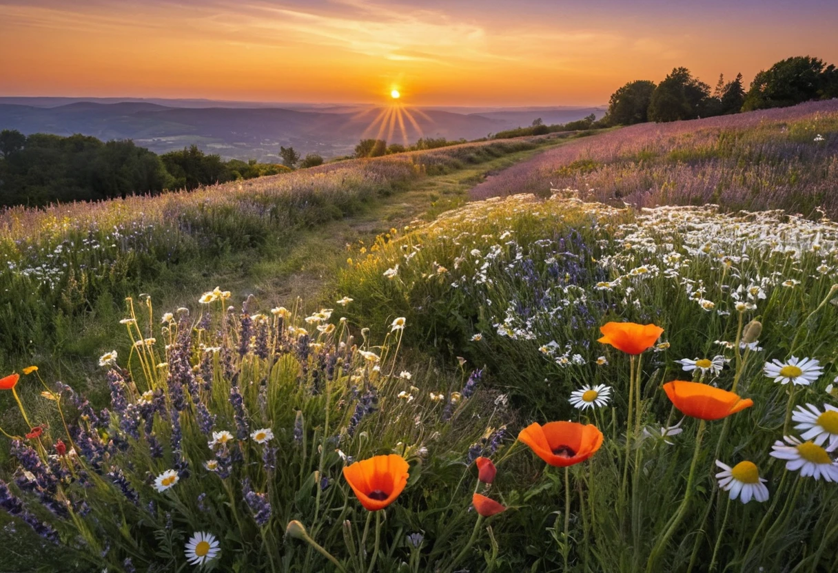 Golden sunrise over a wildflower field on summer solstice