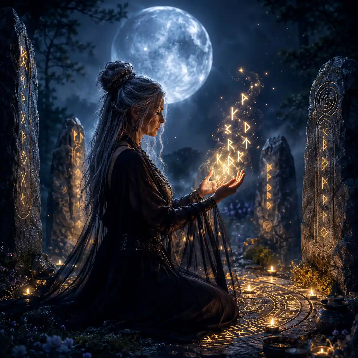 Mystical shaman woman with glowing runes in moonlight