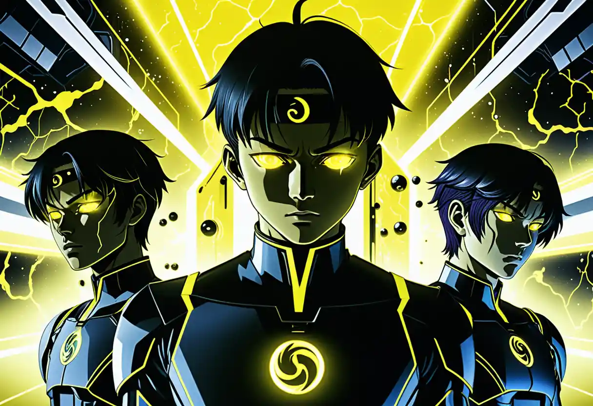 Isekai anime boys in a neon sci fi facility