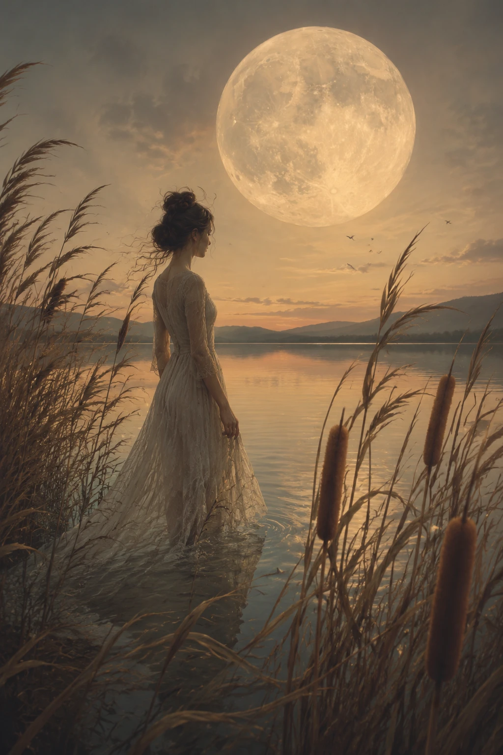 Ethereal woman walking into a moonlit lake at dusk