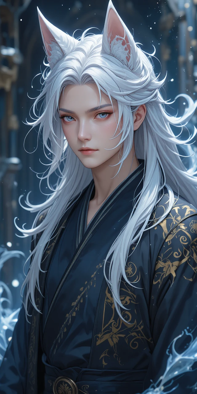 Elegant fox spirit man in mystical anime attire