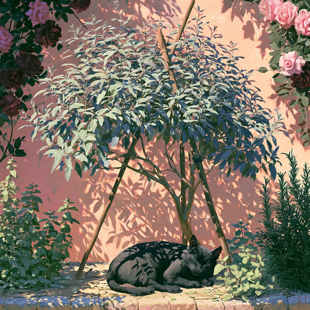 Black cat sleeping under sunlit sage in a garden