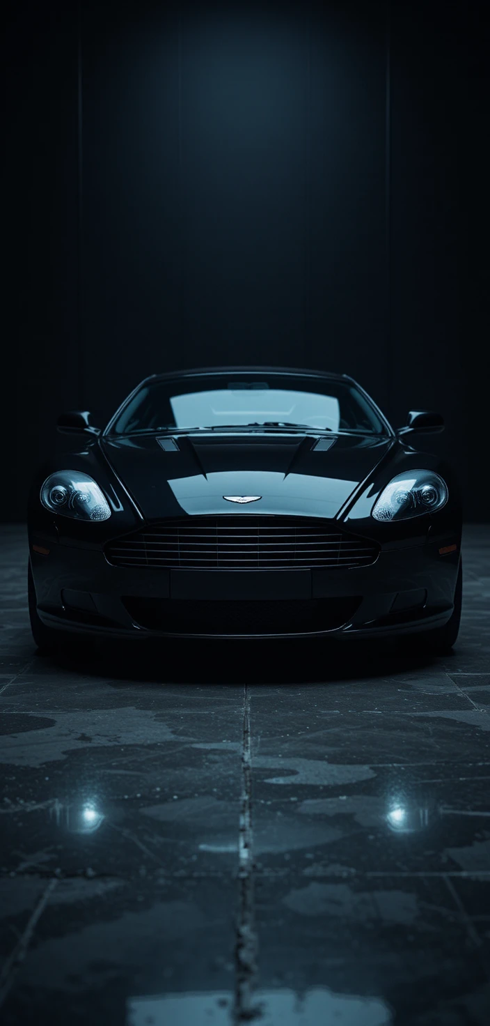 Black sports car in a dark room with soft reflections