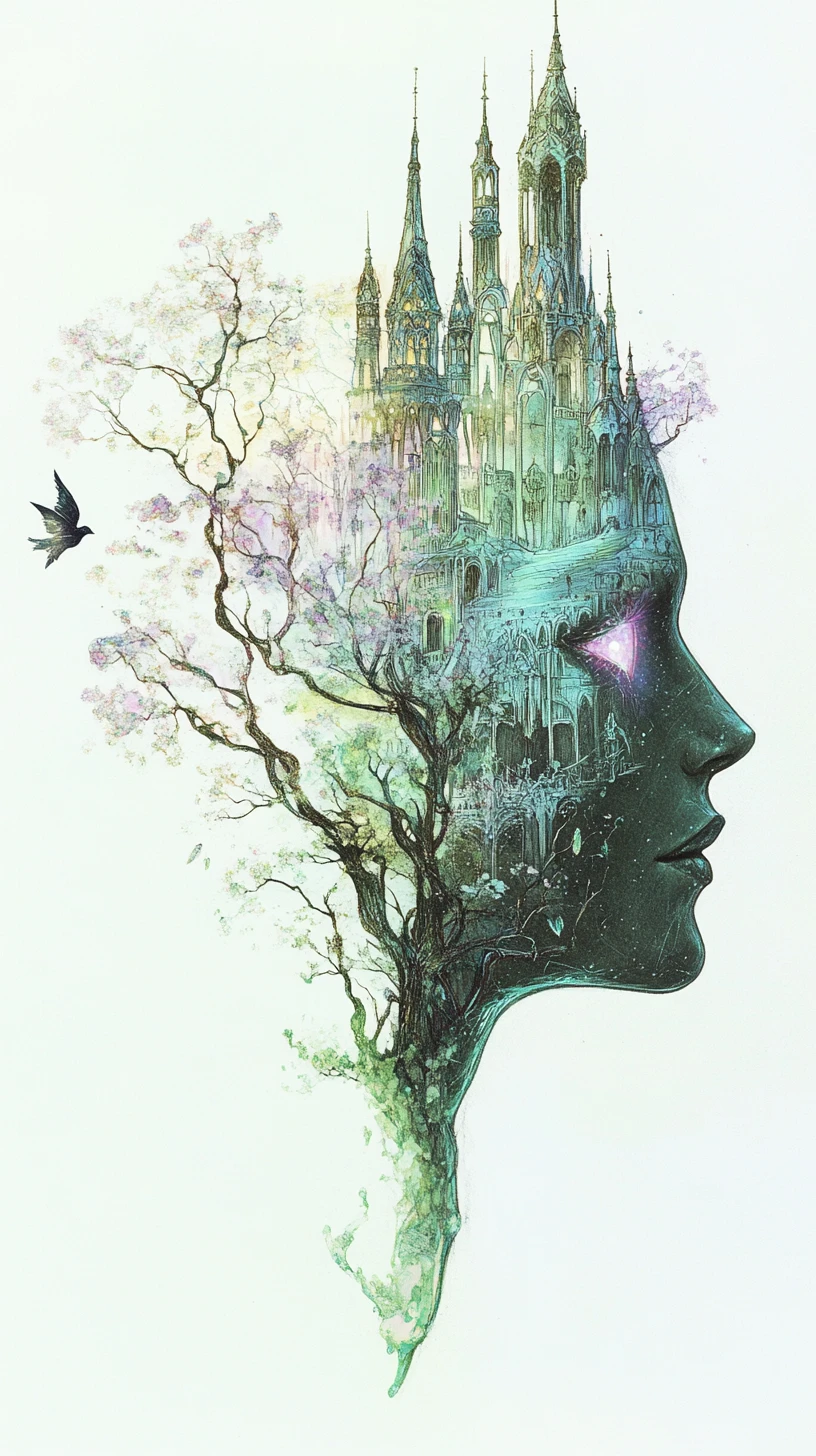 Surreal Castle Shaped Profile With Glowing Stained Glass Eye