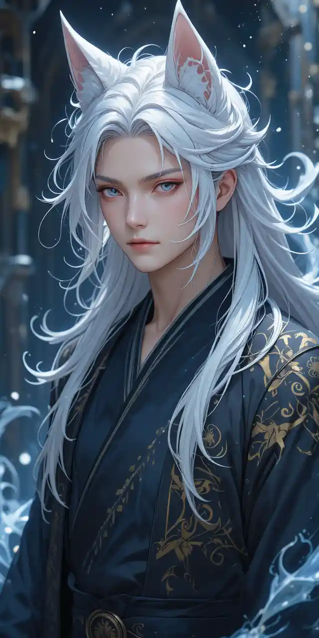 Elegant fox spirit man in mystical anime attire