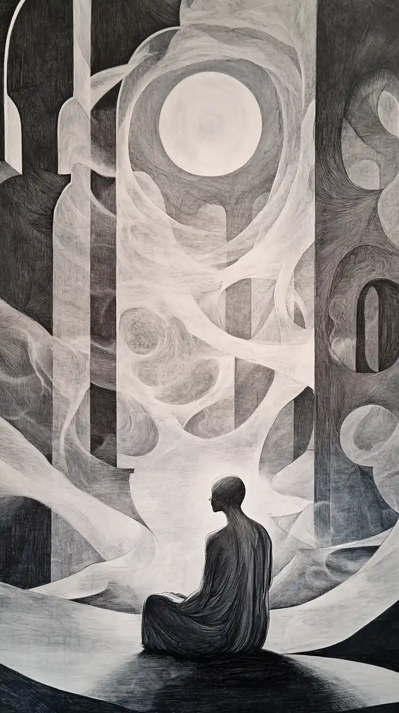 Kneeling figure in a surreal sacred meditative space