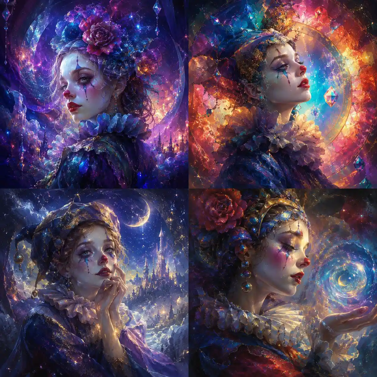 Mystical female clown with glowing colorful abstract background