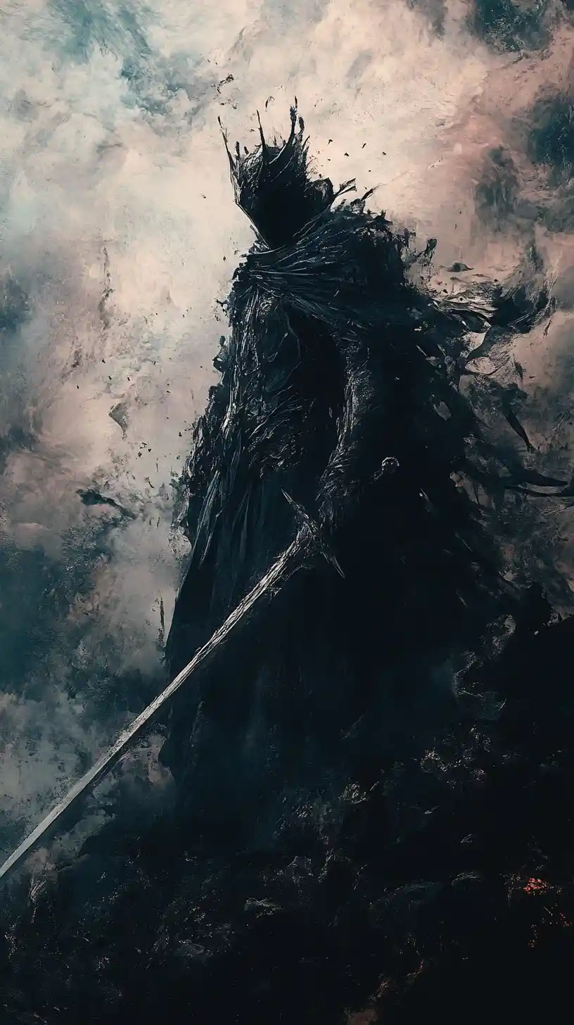 Dark fantasy illustration with refined asymmetrical composition