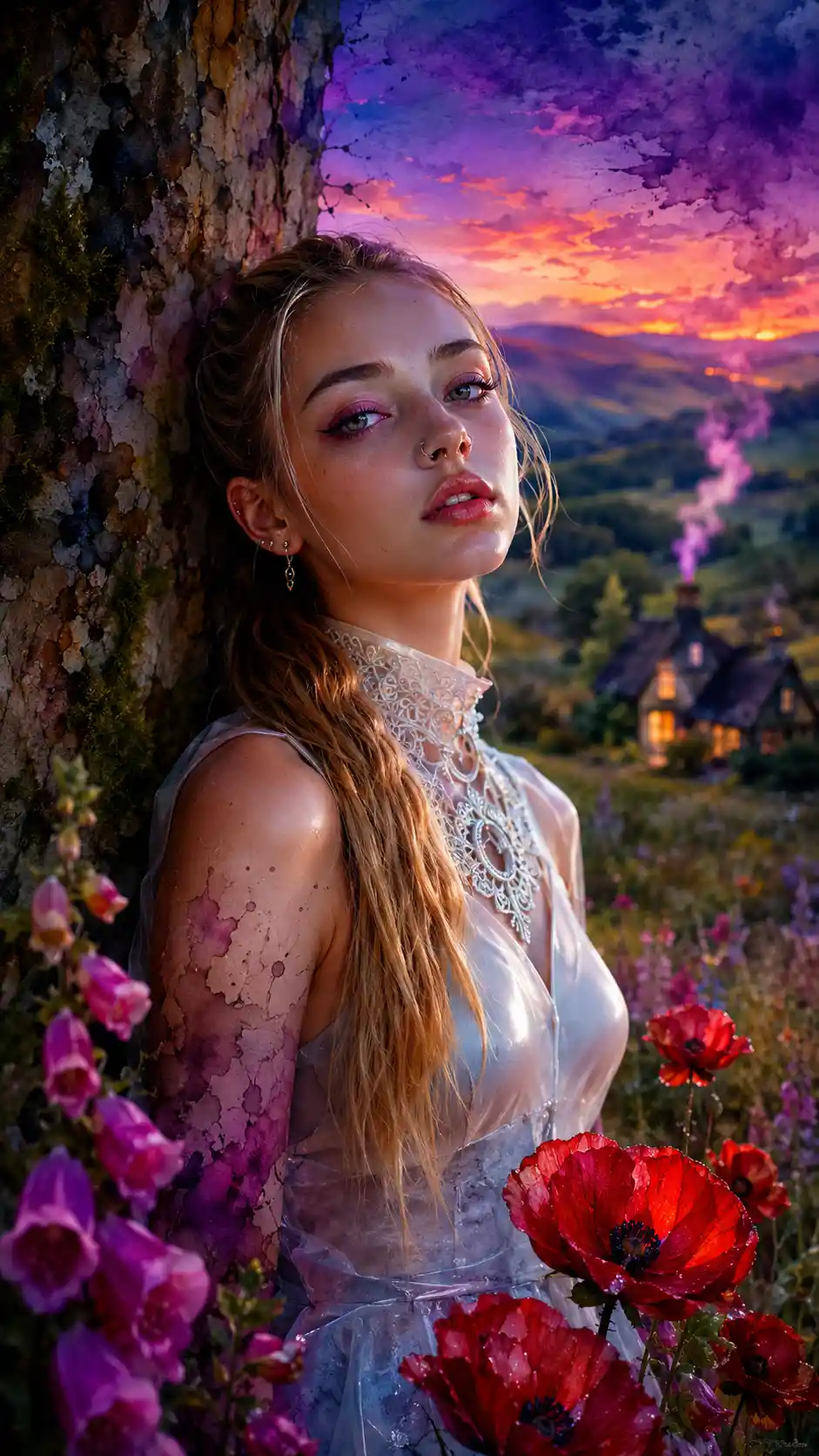 Emo girl by an ancient tree in dreamy countryside