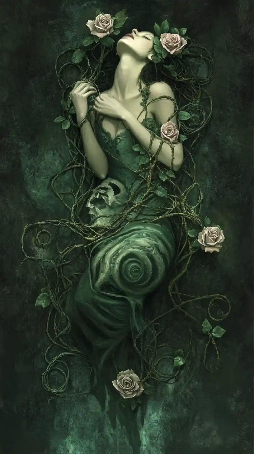 Ethereal woman entwined with roses and thorned vines