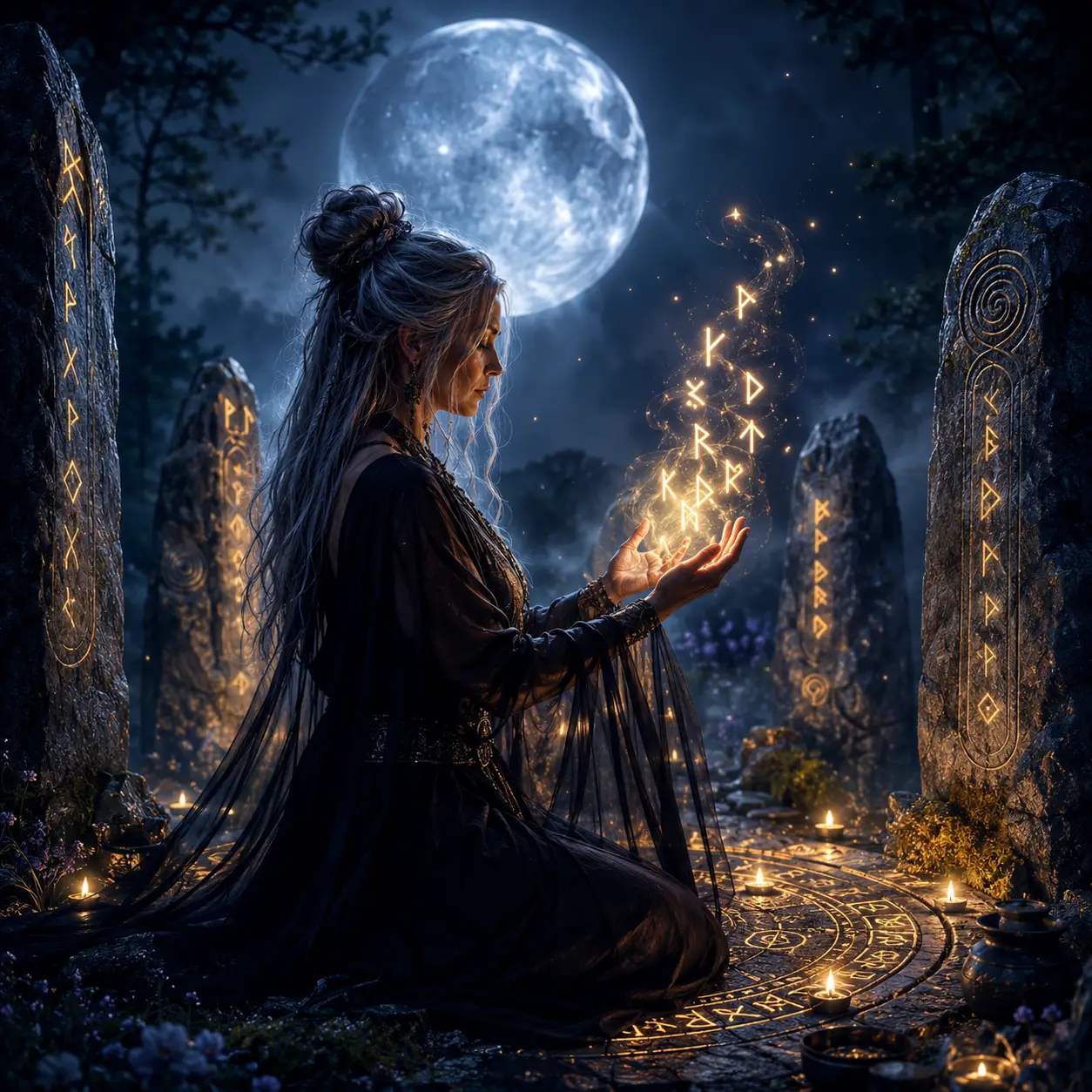 Mystical shaman woman with glowing runes in moonlight