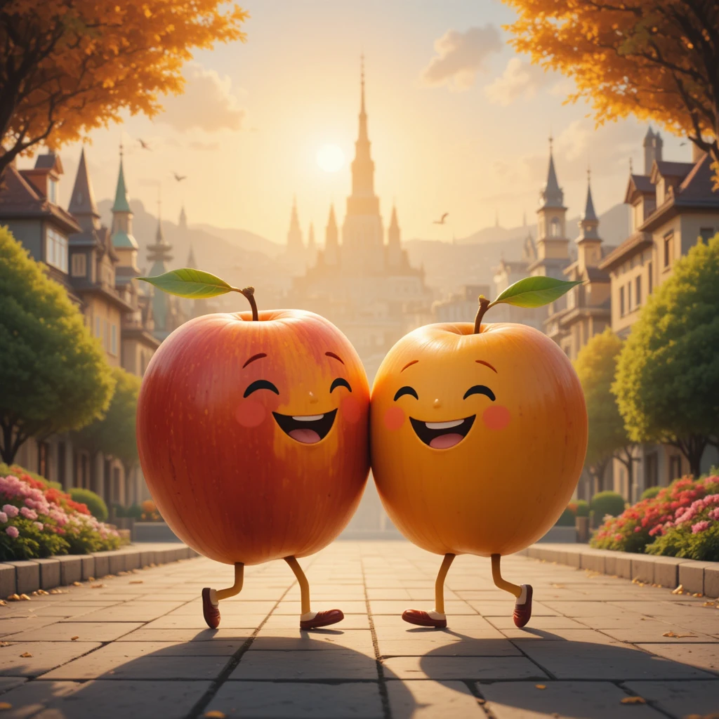 Mango And Apple Friends Walking In A Glowing City
