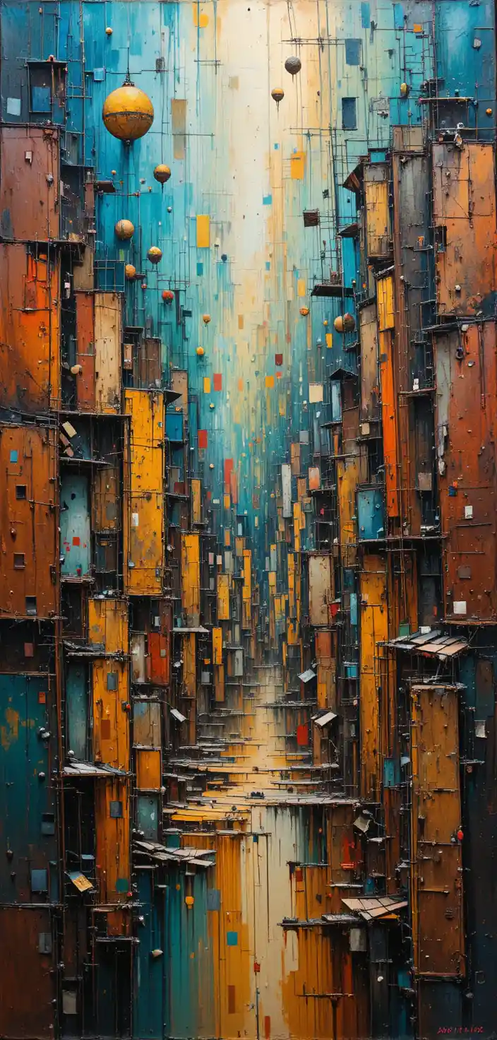 Abstract cityscape painting with chaotic warm earthy colors