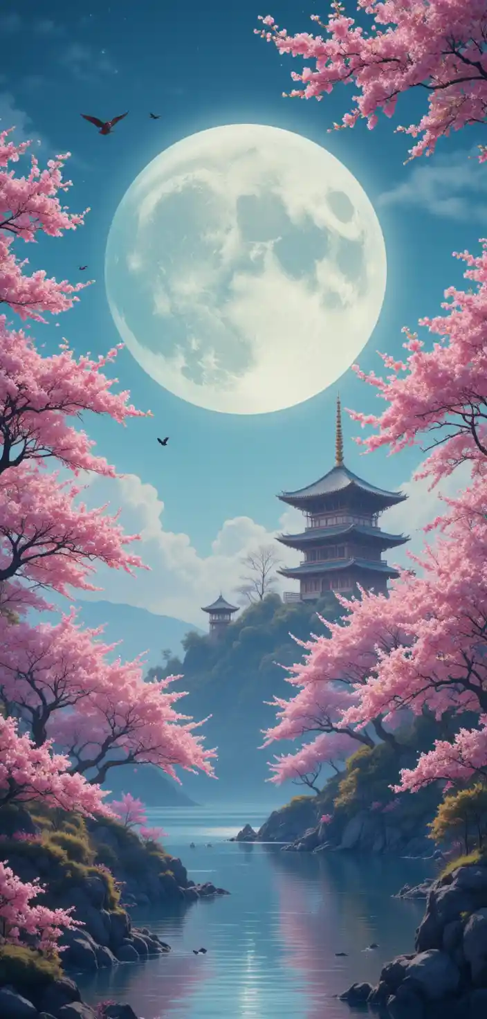 Pagoda and cherry blossoms under a glowing full moon