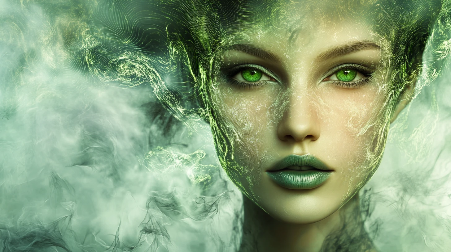 Woman with jade lips in a swirling cosmic portrait