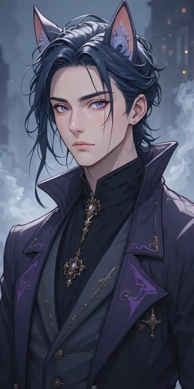 Mysterious anime man with shifting dark cloak and pale features