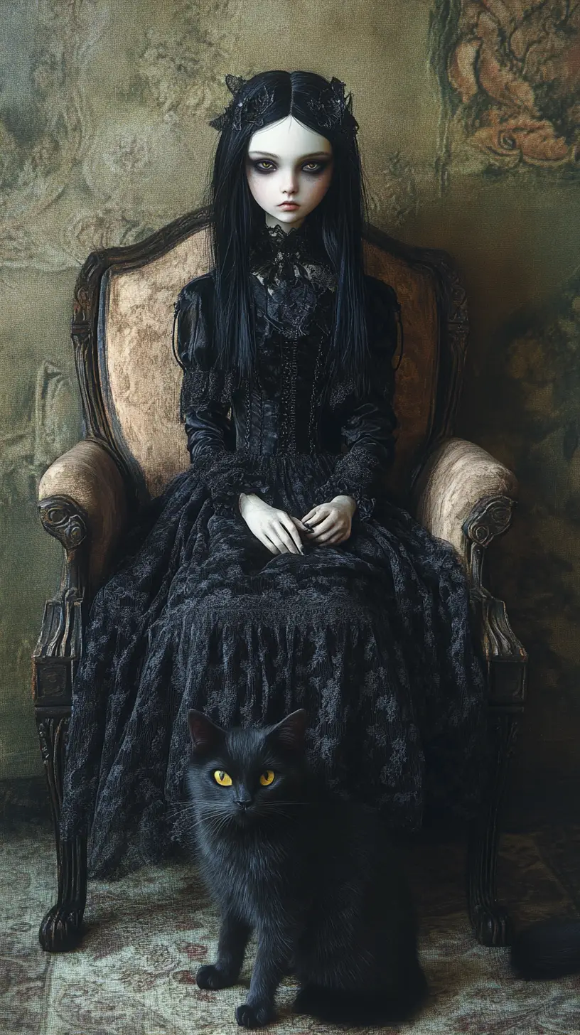 Gothic doll like girl seated with a graceful cat