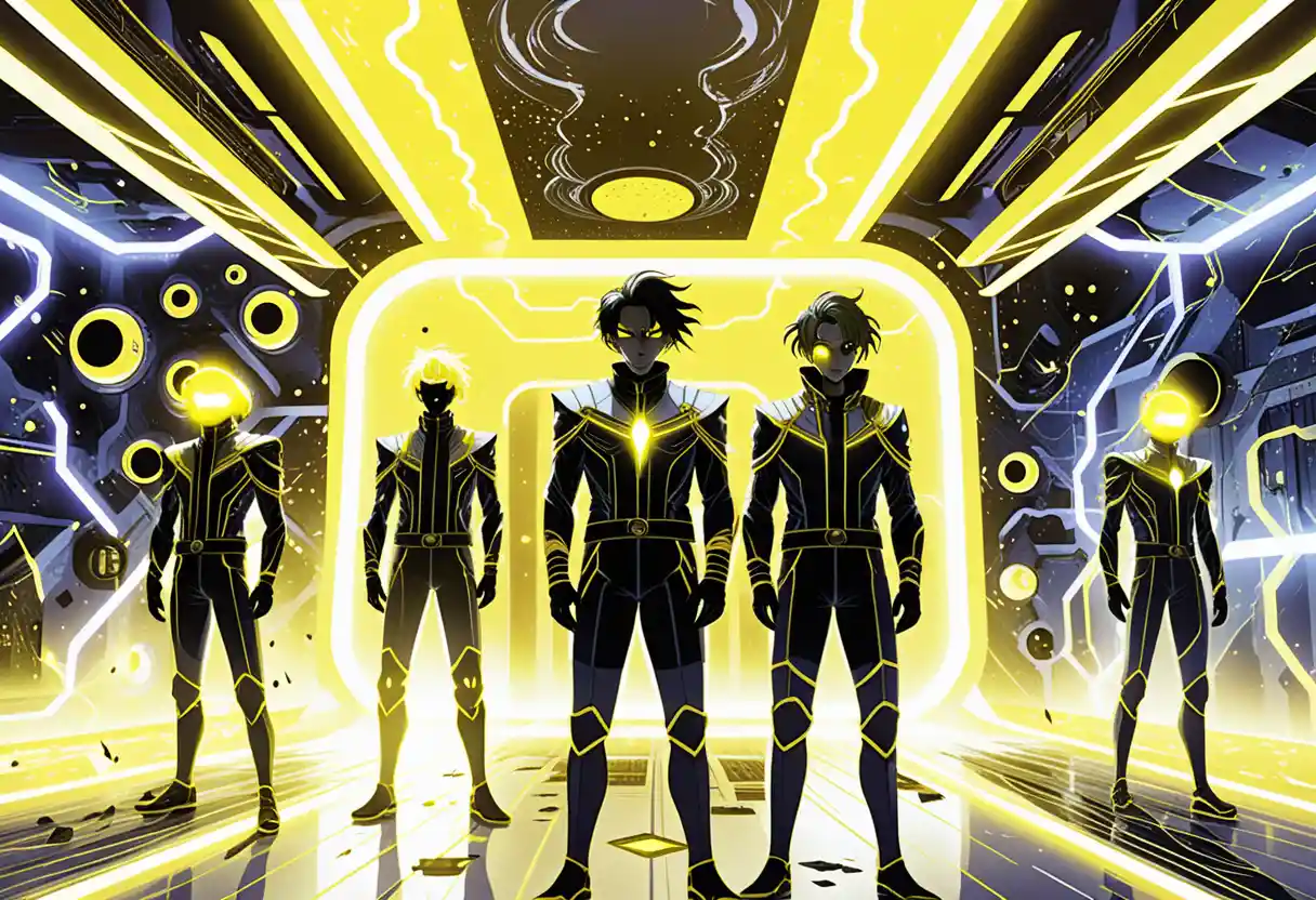 Isekai anime boys in neon lit sci fi facility