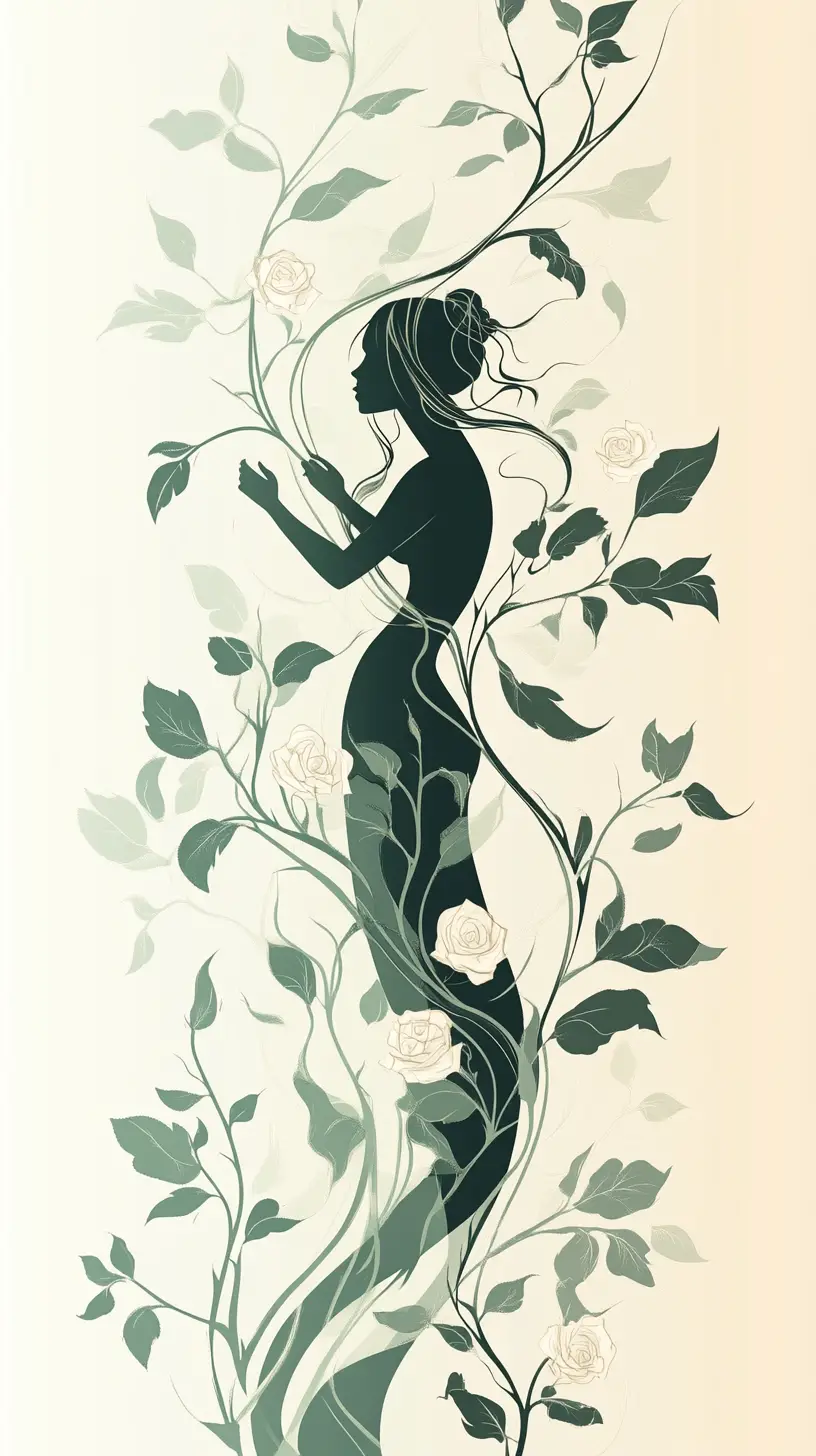 Serene woman entwined with abstract vines and roses