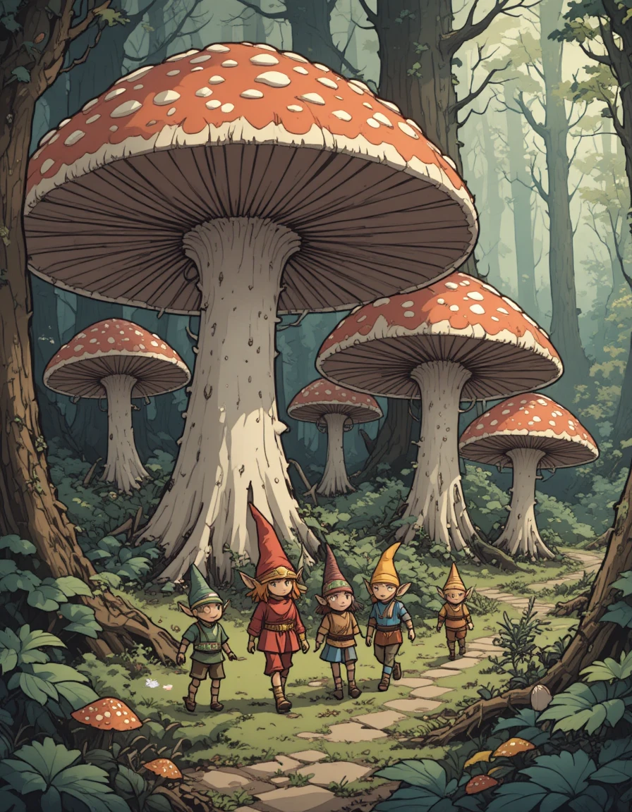 Elves Walking Through A Giant Mushroom Fantasy Forest Comic