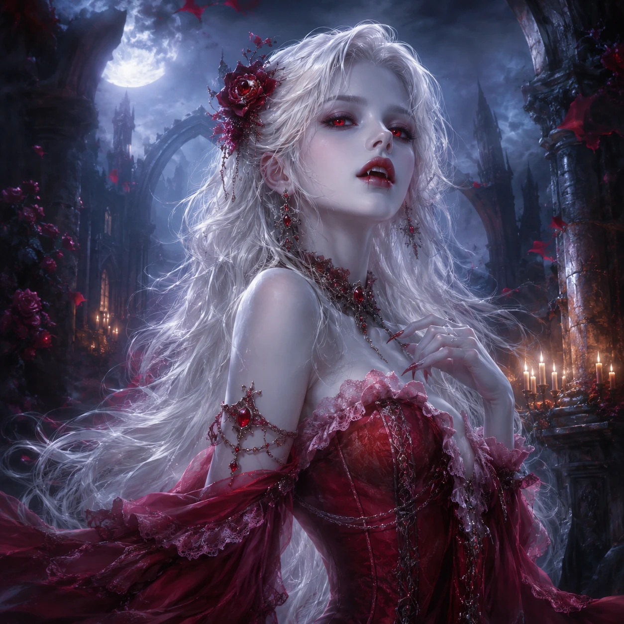 Pale vampire woman with glowing red eyes at mystic night