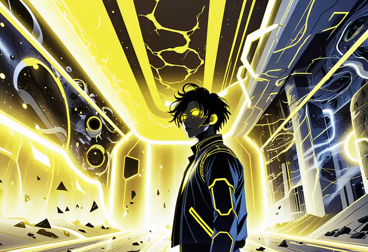 Ominous anime boys in neon lit sci fi hall