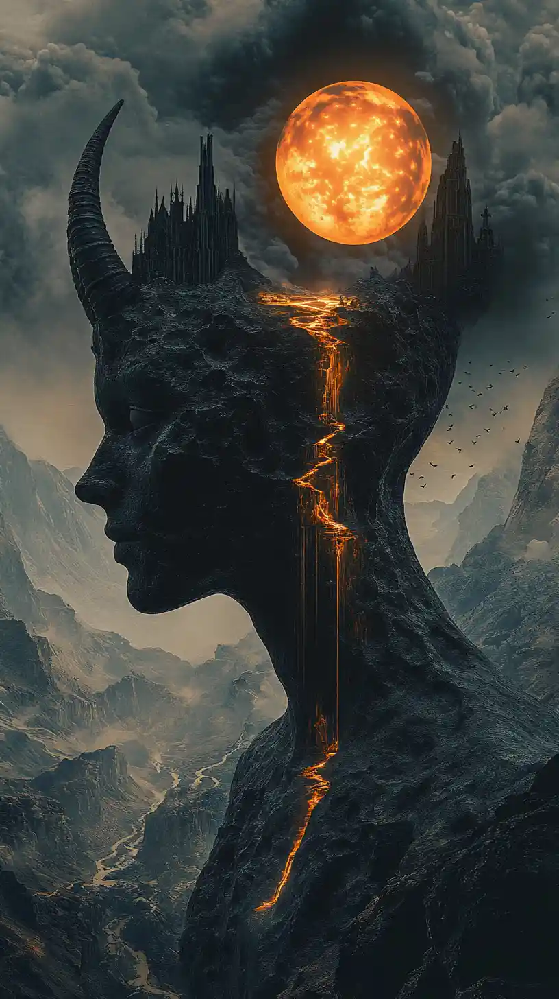 Colossal Horned Silhouette Containing An Infinite Mountain Valley