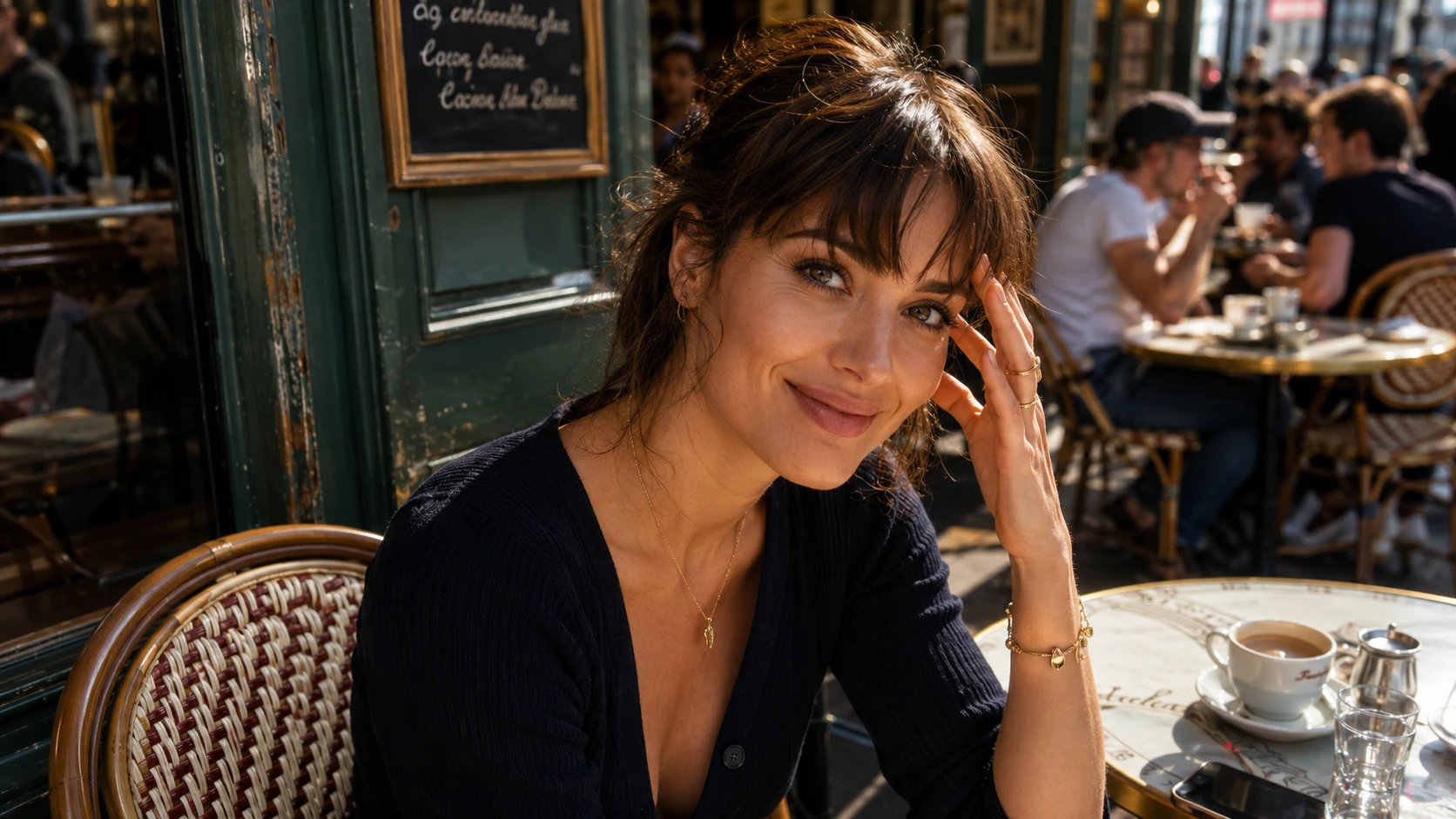 Smiling French woman in sunlight at a charming cafe