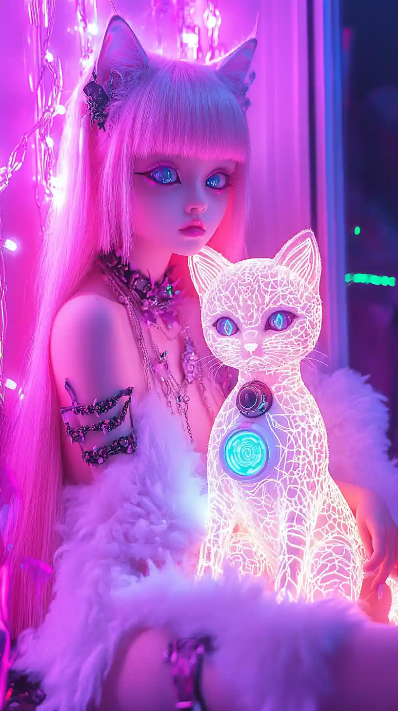 Surreal cat and gothic doll in a glowing garden