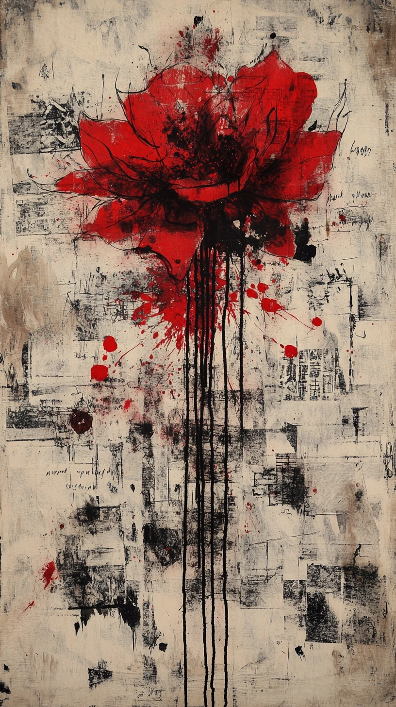 Abstract floral face formed from calligraphic petals and red ink